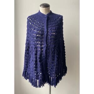 Vintage Crochet Poncho Handmade Blue Boho Hippie Fairy Cottage Cape Jacket Coat